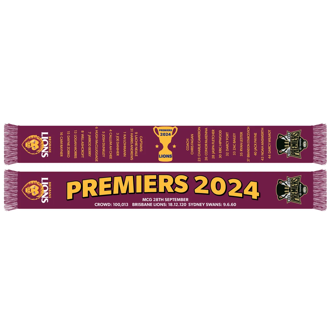 AFL Brisbane Lions 2024 Premiers Scarf