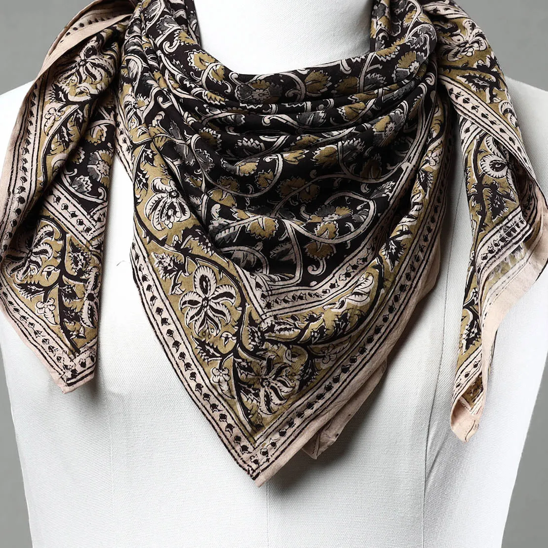 Black - Pedana Kalamkari Block Printed Natural Dyed Cotton Scarf 35