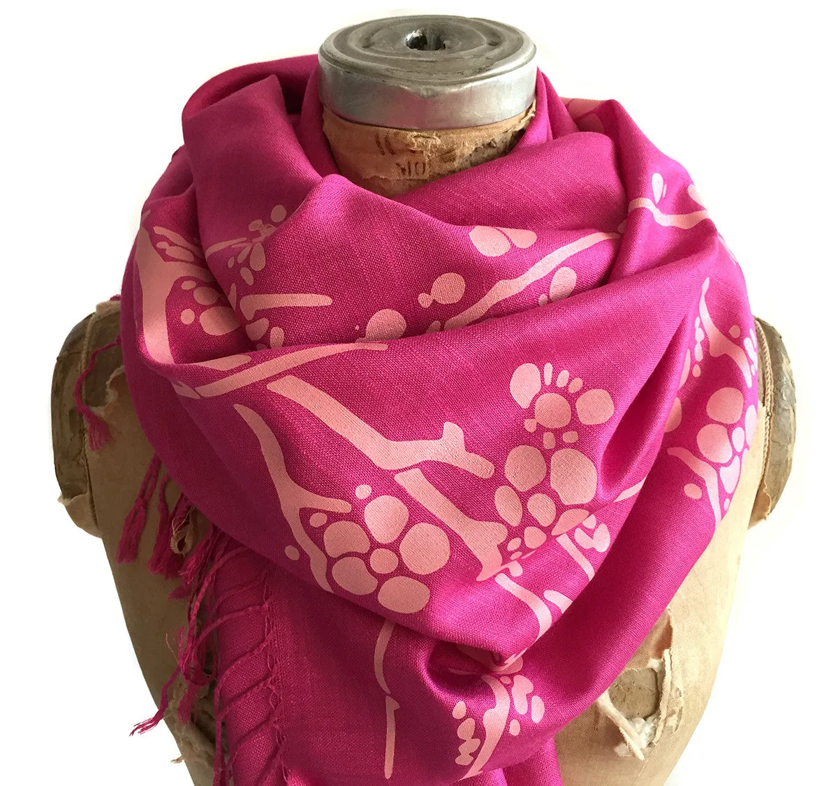 Cherry Blossom Scarf. Floral print linen-weave pashmina