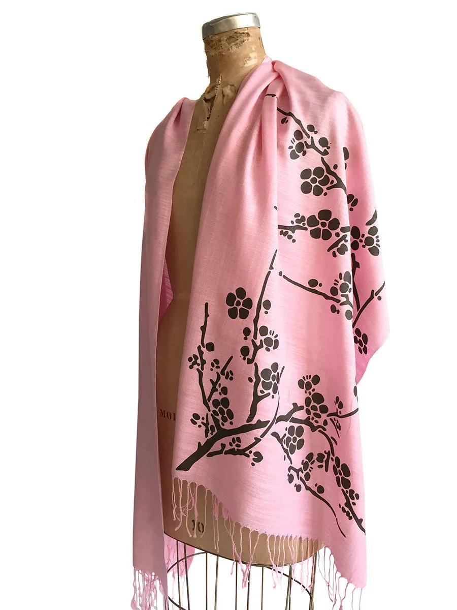 Cherry Blossom Scarf. Floral print linen-weave pashmina