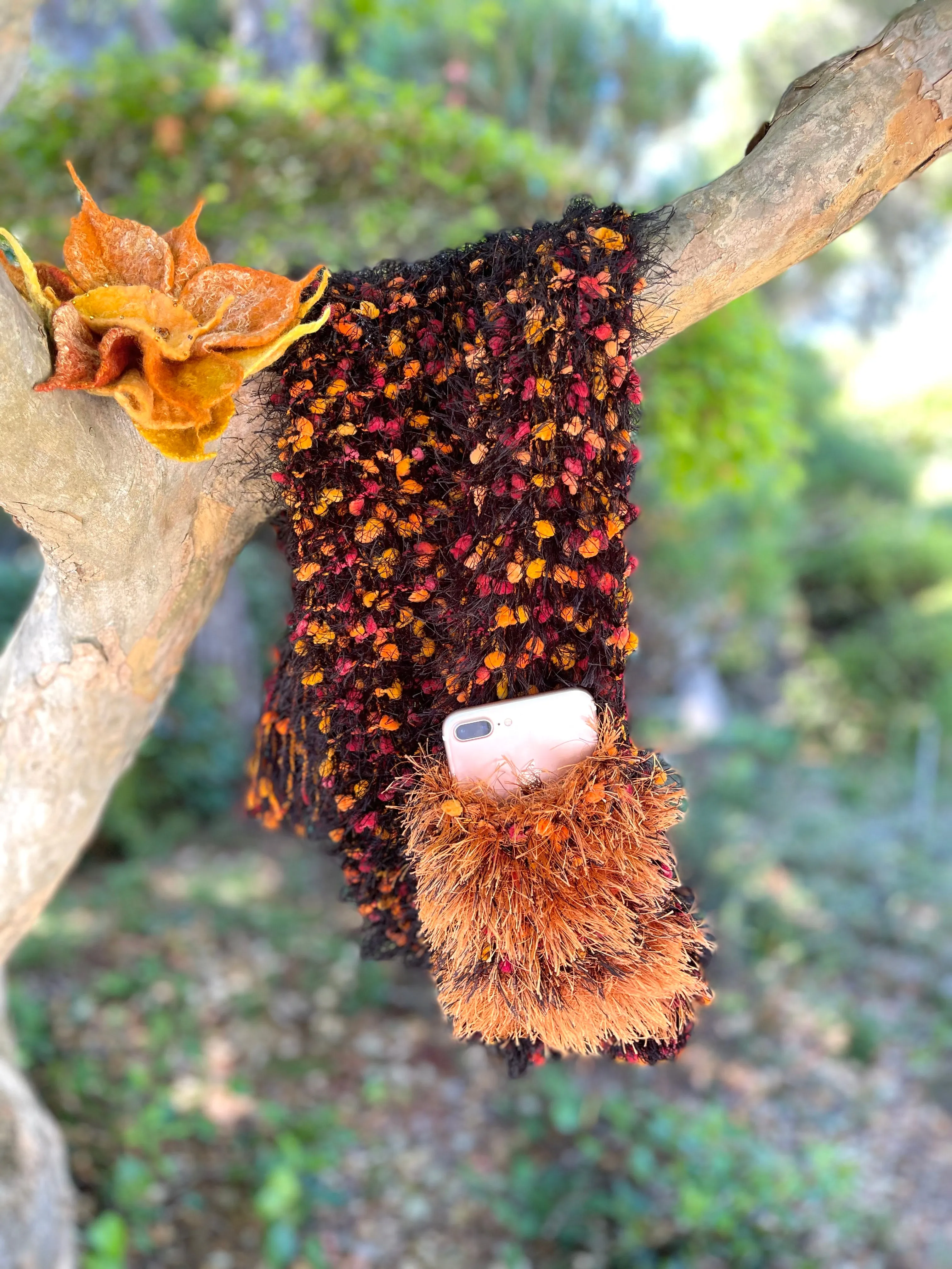 Hand Knitted Scarf for Women with Pocket. Orange, Black Eyelash Fur Yarns