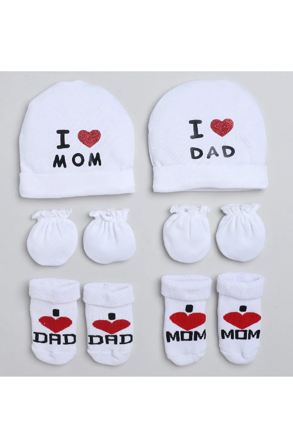 I Love Mom And Dad Cap With Socks And Mittens - Set Of 2