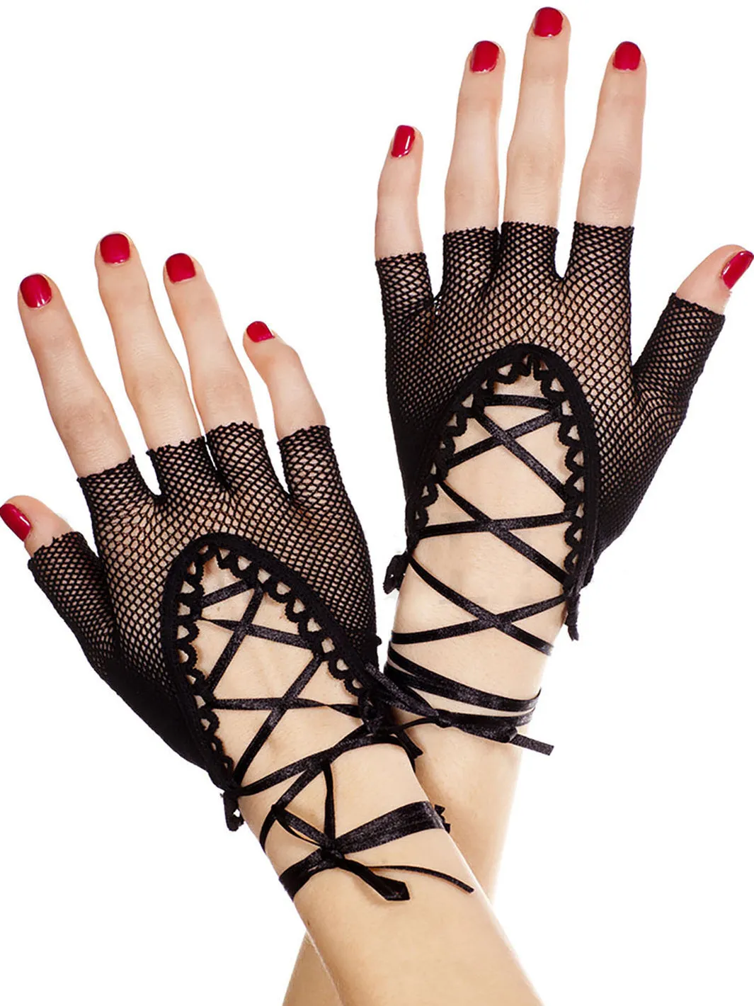 LACE UP BLACK MESH FINGERLESS GLOVES - BLACK