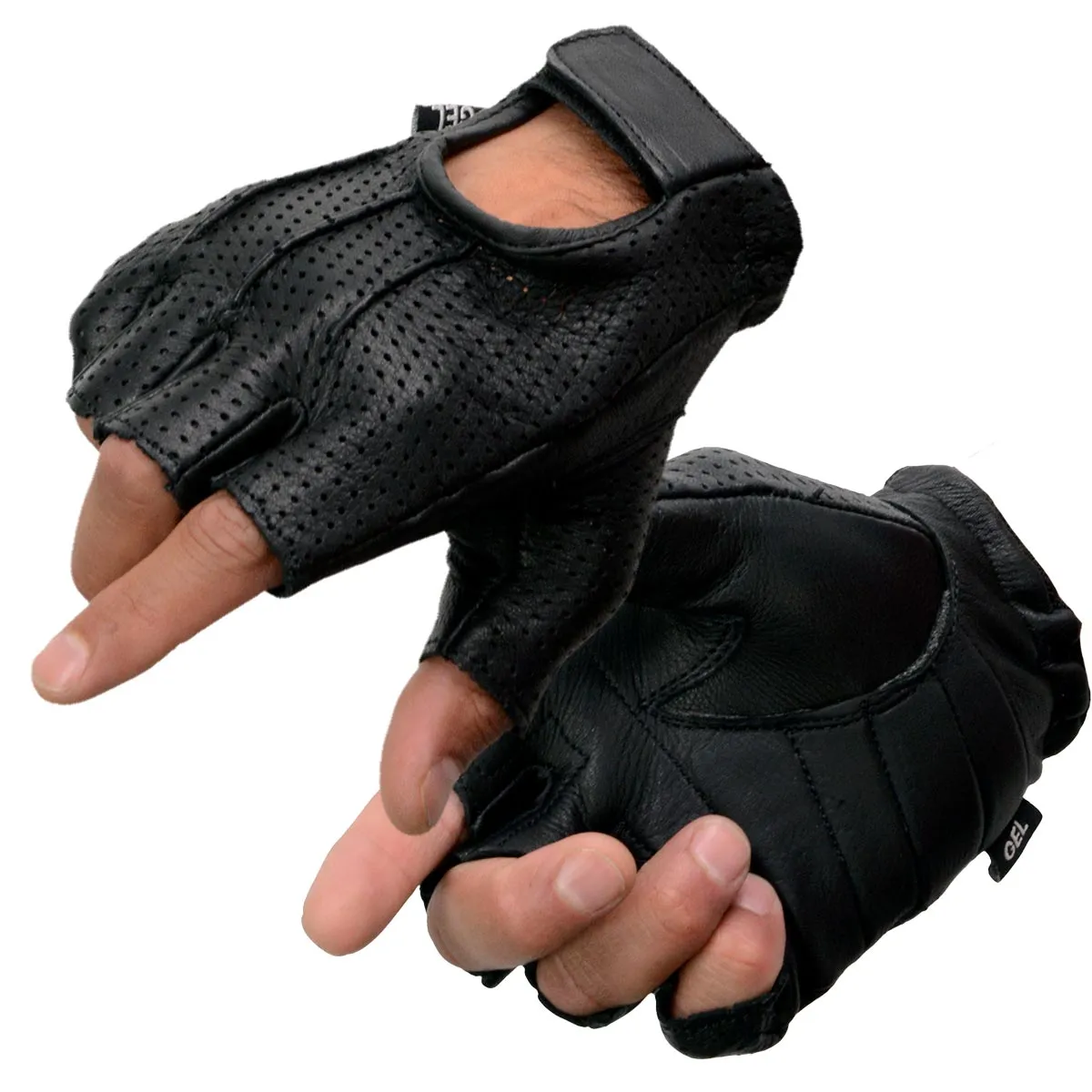 Milwaukee Leather SH877 Men's Black Welted USA Deerskin Leather Gel Padded Palm Fingerless Motorcycle Hand Gloves