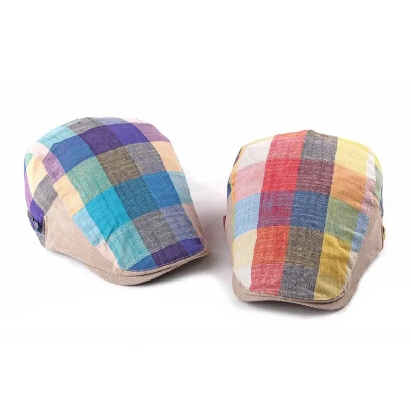 Multicolor Plaid Herringbone Flat Cap