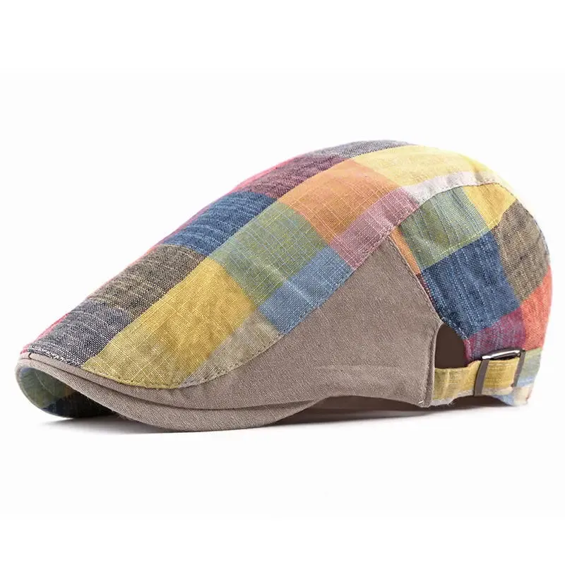 Multicolor Plaid Herringbone Flat Cap