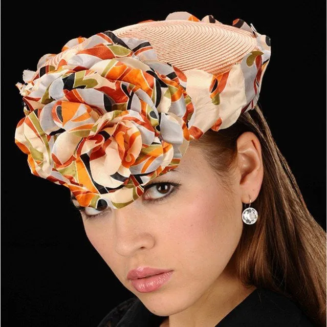 NA1011-Peach pillbox dress hat covered with one of a kind flower pebbles