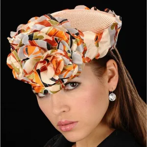 NA1011-Peach pillbox dress hat covered with one of a kind flower pebbles