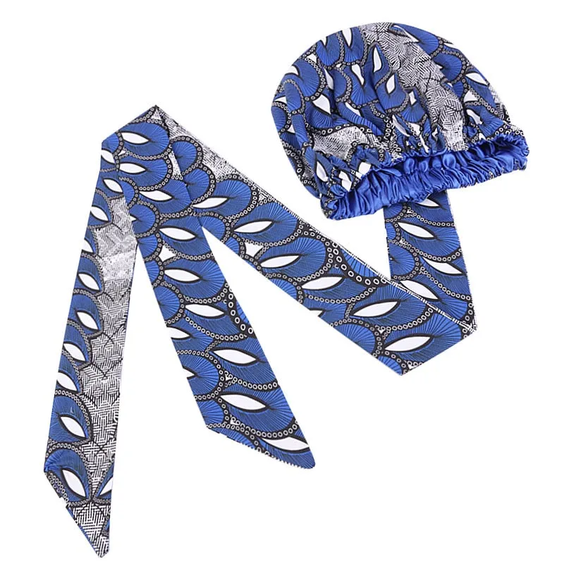 New African Print Satin Bonnet Headwrap in Women's Hair with Long Ribbon Wrap Double Layer Headwrap Ankara Hair Wrap Accessories