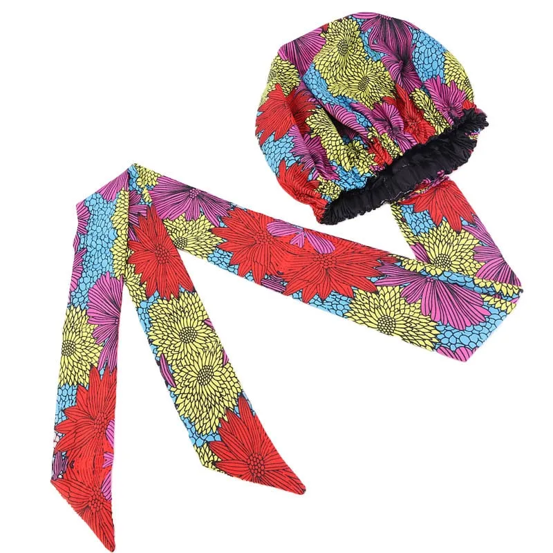 New African Print Satin Bonnet Headwrap in Women's Hair with Long Ribbon Wrap Double Layer Headwrap Ankara Hair Wrap Accessories