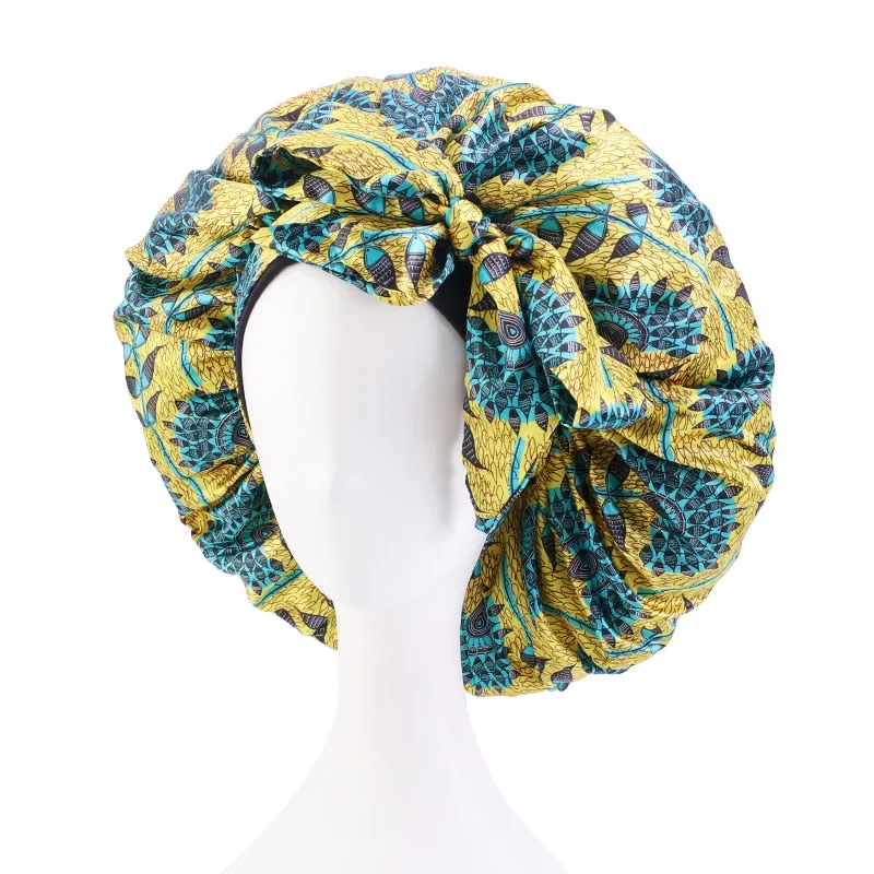 New African Print Satin Bonnet Headwrap in Women's Hair with Long Ribbon Wrap Double Layer Headwrap Ankara Hair Wrap Accessories