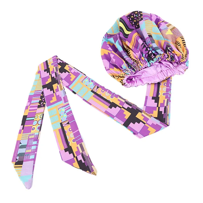 New African Print Satin Bonnet Headwrap in Women's Hair with Long Ribbon Wrap Double Layer Headwrap Ankara Hair Wrap Accessories