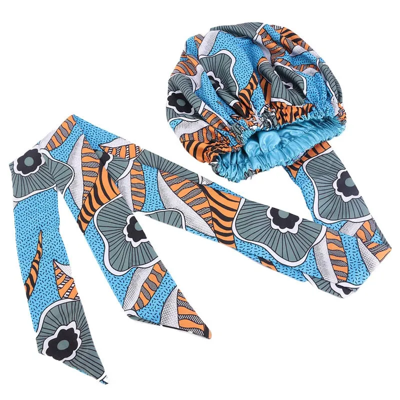 New African Print Satin Bonnet Headwrap in Women's Hair with Long Ribbon Wrap Double Layer Headwrap Ankara Hair Wrap Accessories