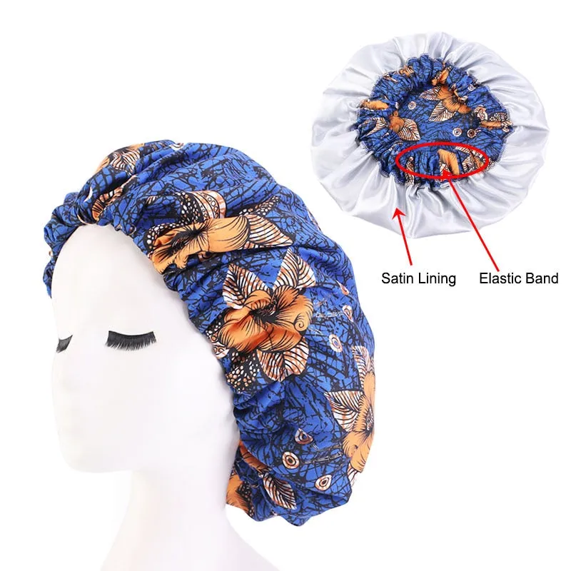 New African Print Satin Bonnet Headwrap in Women's Hair with Long Ribbon Wrap Double Layer Headwrap Ankara Hair Wrap Accessories