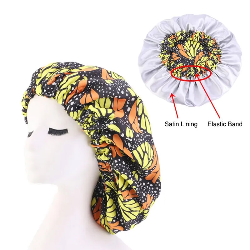 New African Print Satin Bonnet Headwrap in Women's Hair with Long Ribbon Wrap Double Layer Headwrap Ankara Hair Wrap Accessories