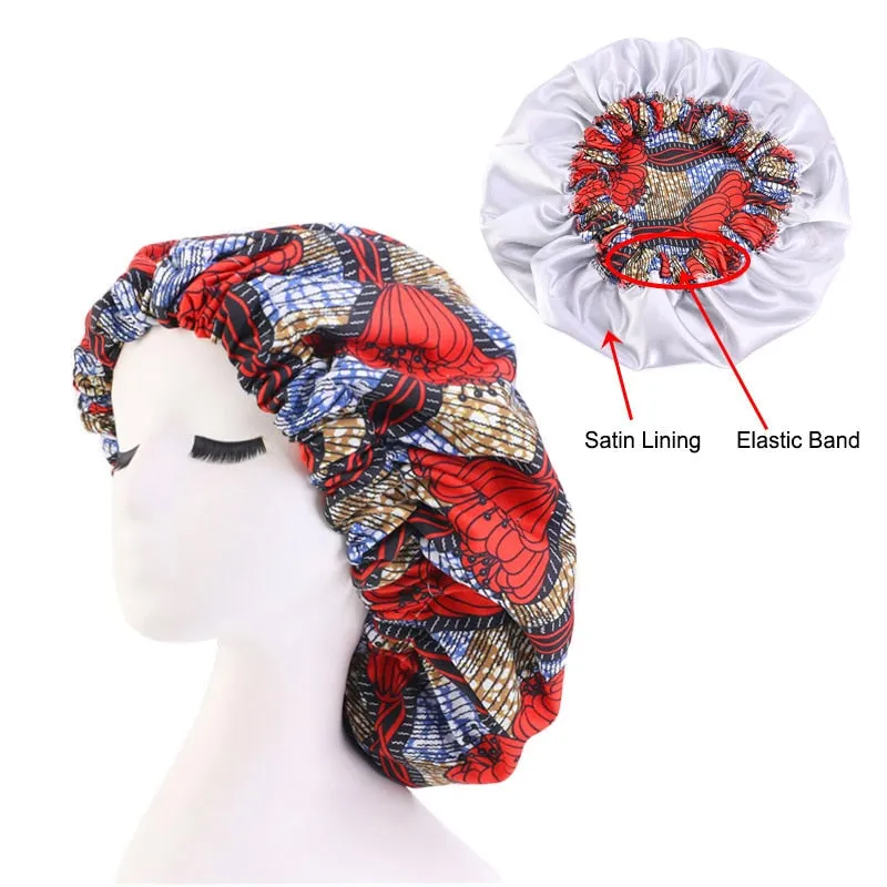 New African Print Satin Bonnet Headwrap in Women's Hair with Long Ribbon Wrap Double Layer Headwrap Ankara Hair Wrap Accessories