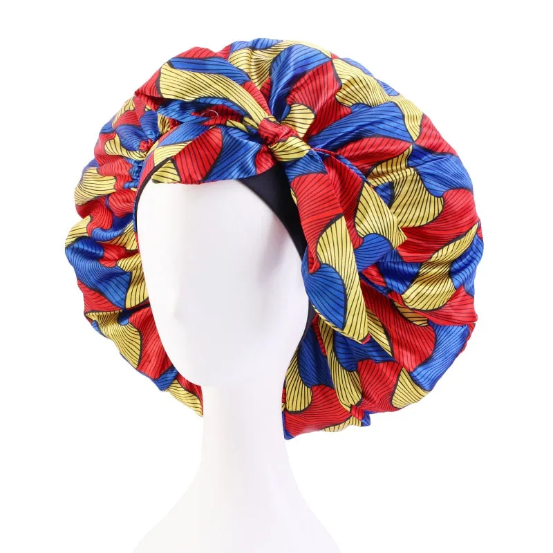 New African Print Satin Bonnet Headwrap in Women's Hair with Long Ribbon Wrap Double Layer Headwrap Ankara Hair Wrap Accessories