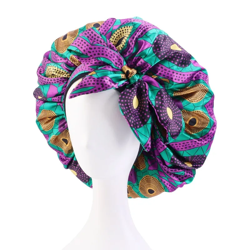 New African Print Satin Bonnet Headwrap in Women's Hair with Long Ribbon Wrap Double Layer Headwrap Ankara Hair Wrap Accessories