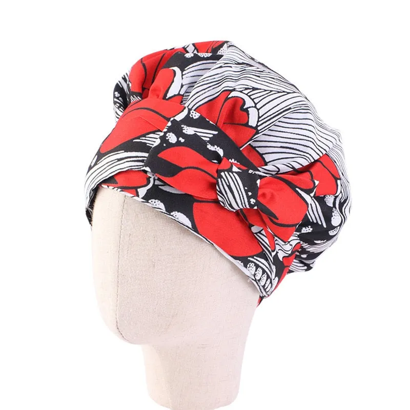 New African Print Satin Bonnet Headwrap in Women's Hair with Long Ribbon Wrap Double Layer Headwrap Ankara Hair Wrap Accessories