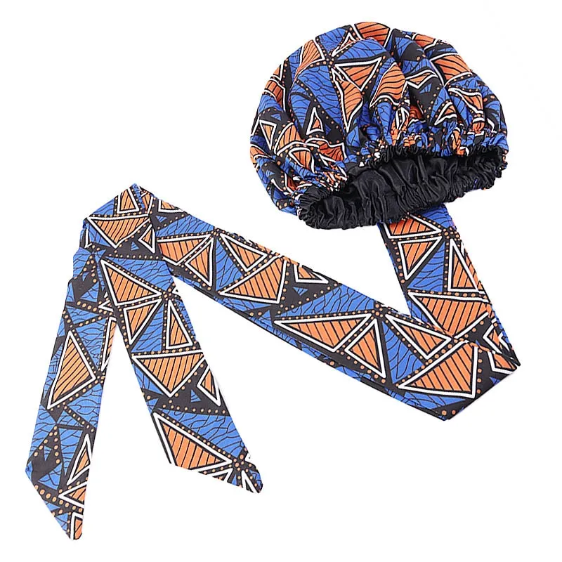 New African Print Satin Bonnet Headwrap in Women's Hair with Long Ribbon Wrap Double Layer Headwrap Ankara Hair Wrap Accessories