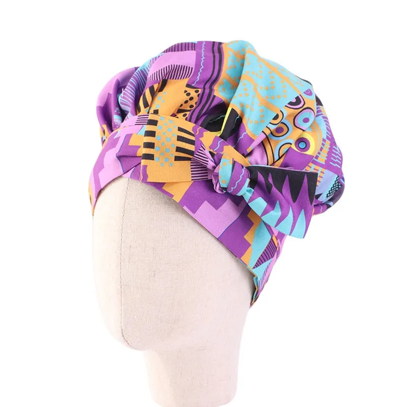 New African Print Satin Bonnet Headwrap in Women's Hair with Long Ribbon Wrap Double Layer Headwrap Ankara Hair Wrap Accessories