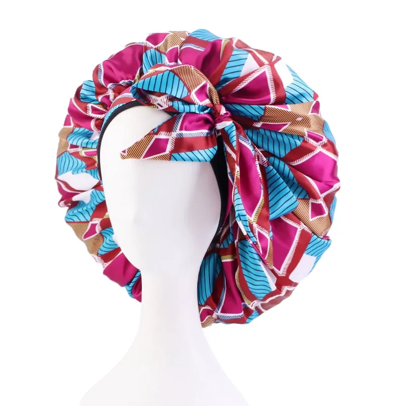 New African Print Satin Bonnet Headwrap in Women's Hair with Long Ribbon Wrap Double Layer Headwrap Ankara Hair Wrap Accessories