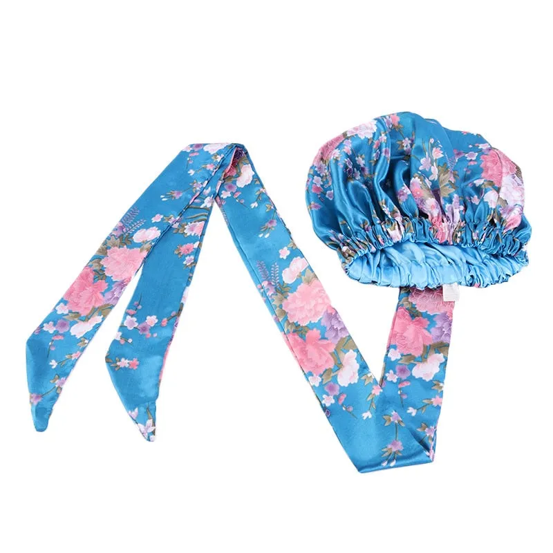 New African Print Satin Bonnet Headwrap in Women's Hair with Long Ribbon Wrap Double Layer Headwrap Ankara Hair Wrap Accessories