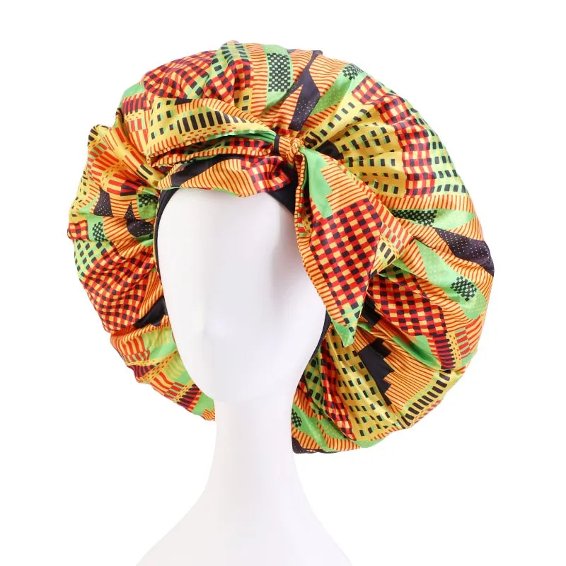 New African Print Satin Bonnet Headwrap in Women's Hair with Long Ribbon Wrap Double Layer Headwrap Ankara Hair Wrap Accessories