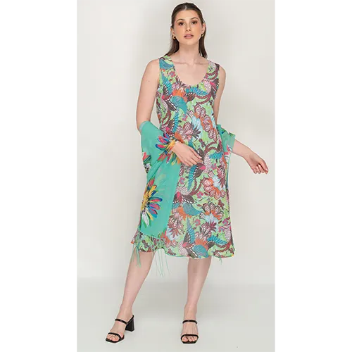 Printed Cyan Color Sleeve Less Semi Long Dress For Women