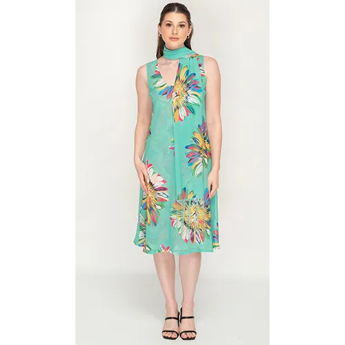 Printed Cyan Color Sleeve Less Semi Long Dress For Women