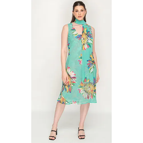 Printed Cyan Color Sleeve Less Semi Long Dress For Women