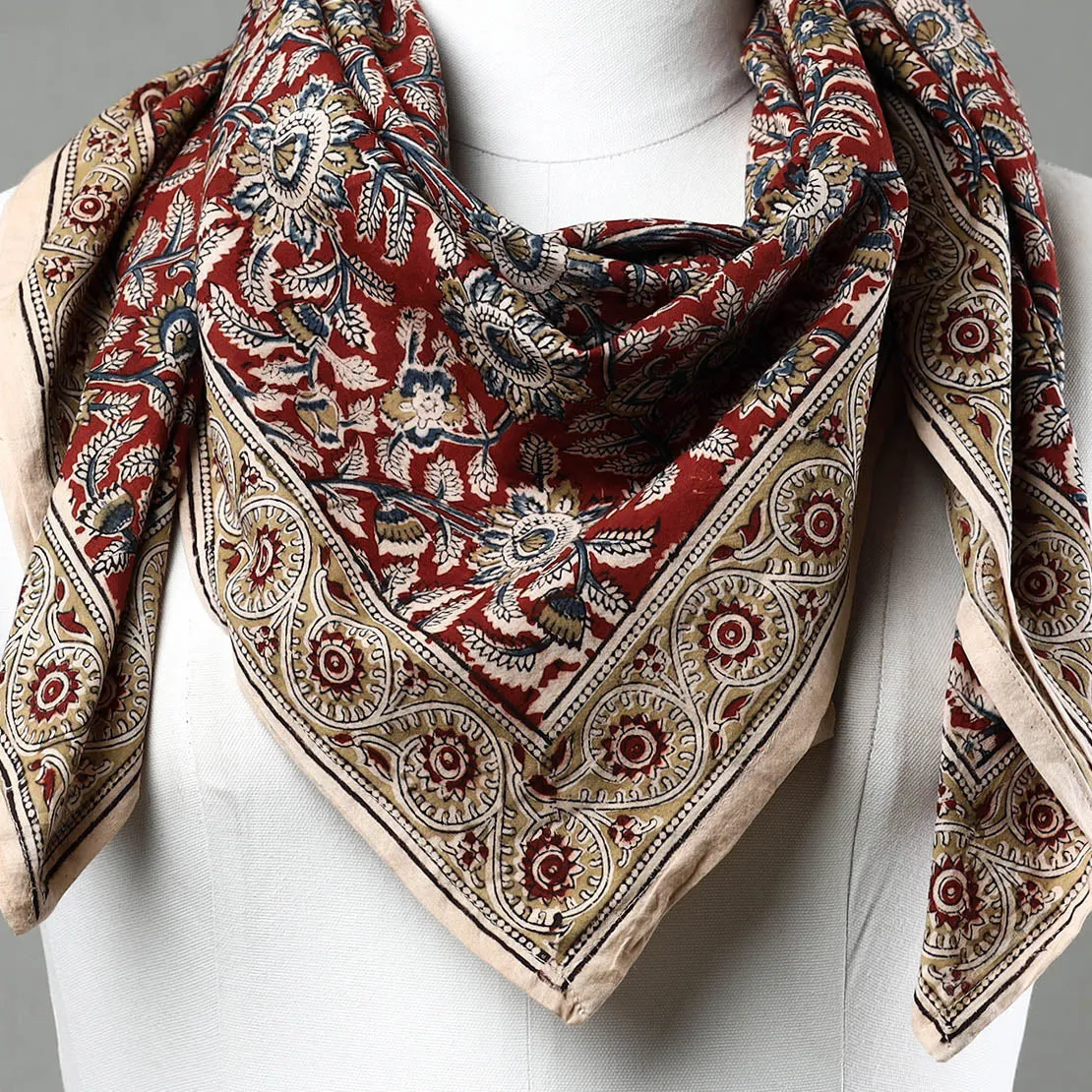 Red - Pedana Kalamkari Block Printed Natural Dyed Cotton Scarf 62