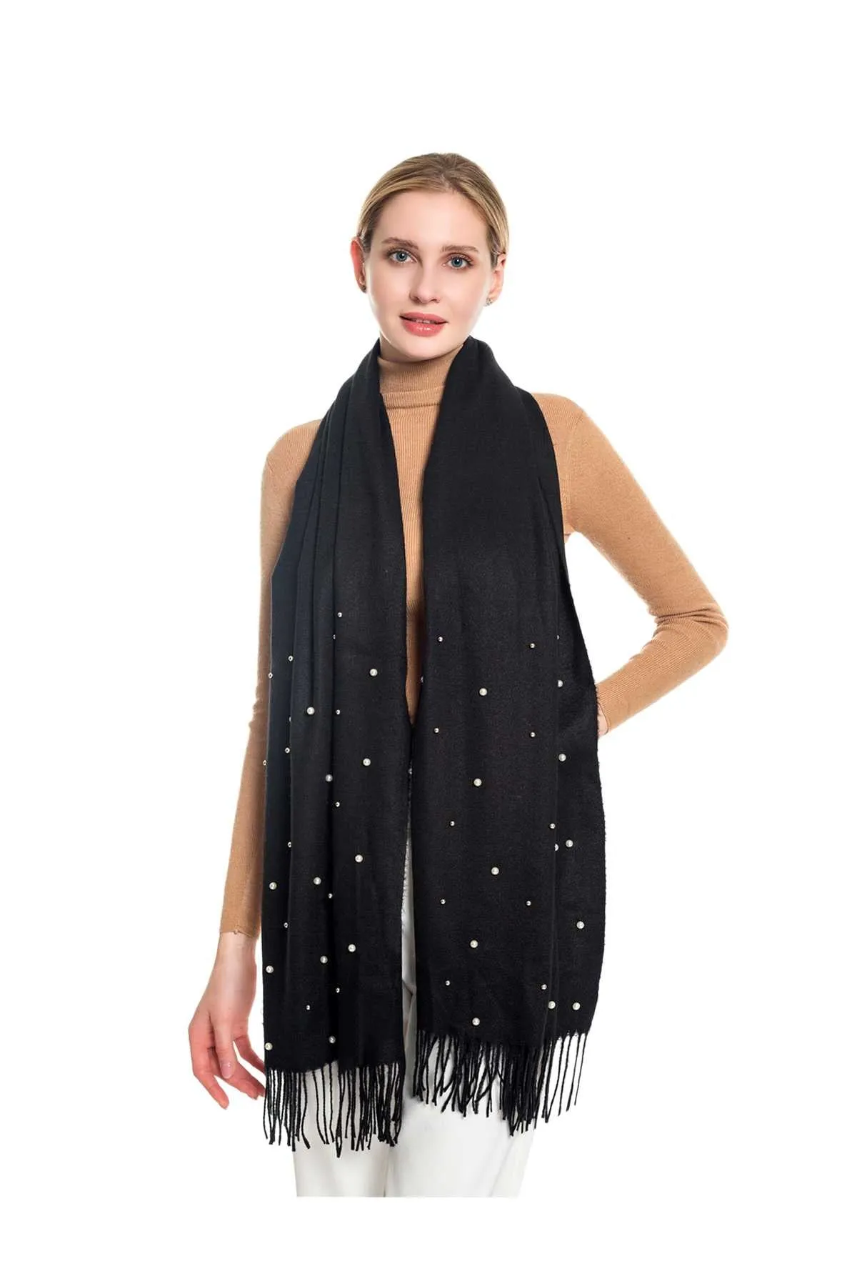 Soft Textured Scarf Embellished with Faux Pearls