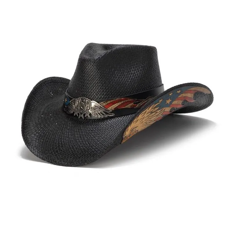 Stampede Western Hat - American Black Eagle USA Patriotic Straw