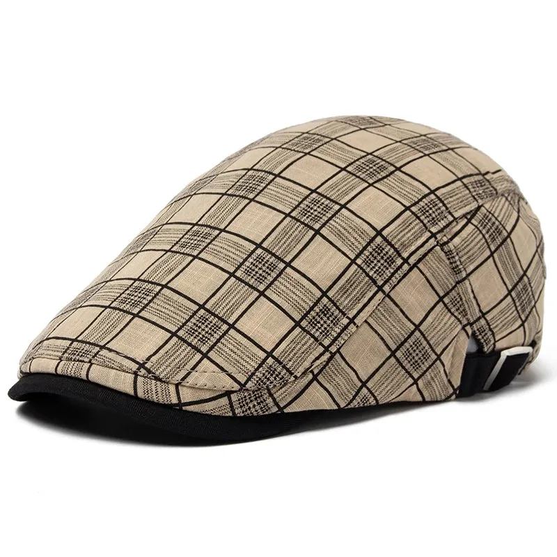 Summer Thin Vintage Plaid Cotton Linen Visor Flat Cap