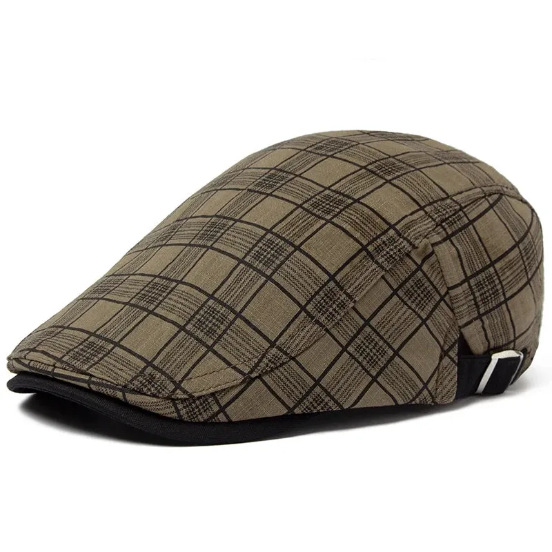 Summer Thin Vintage Plaid Cotton Linen Visor Flat Cap