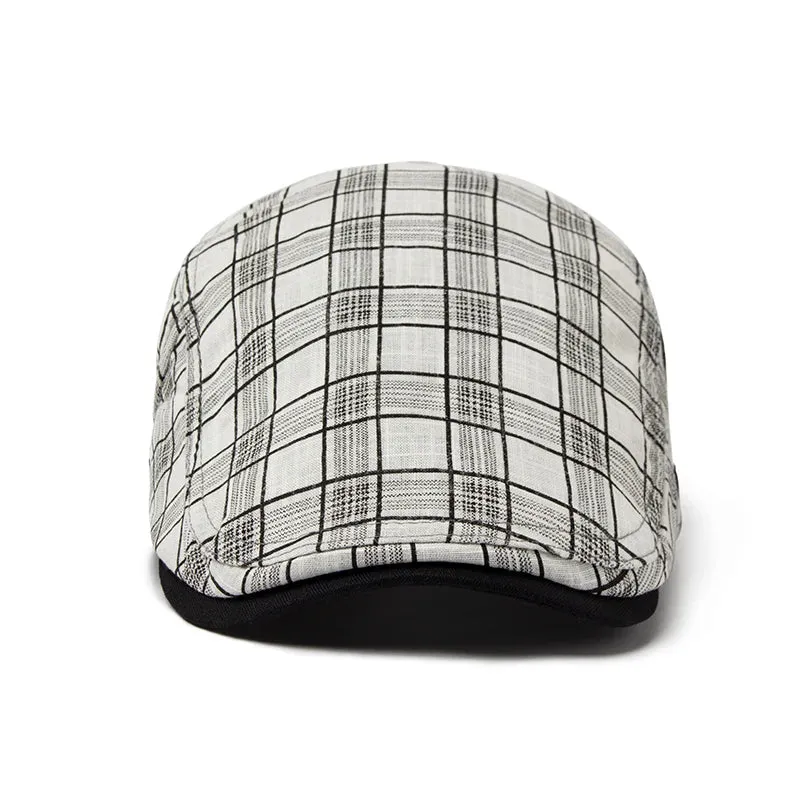 Summer Thin Vintage Plaid Cotton Linen Visor Flat Cap