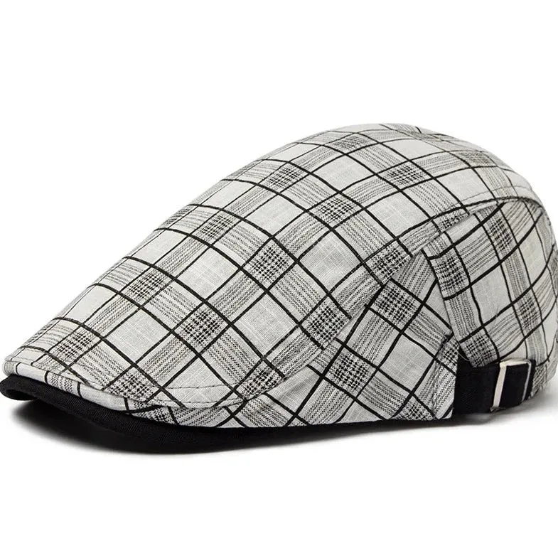 Summer Thin Vintage Plaid Cotton Linen Visor Flat Cap