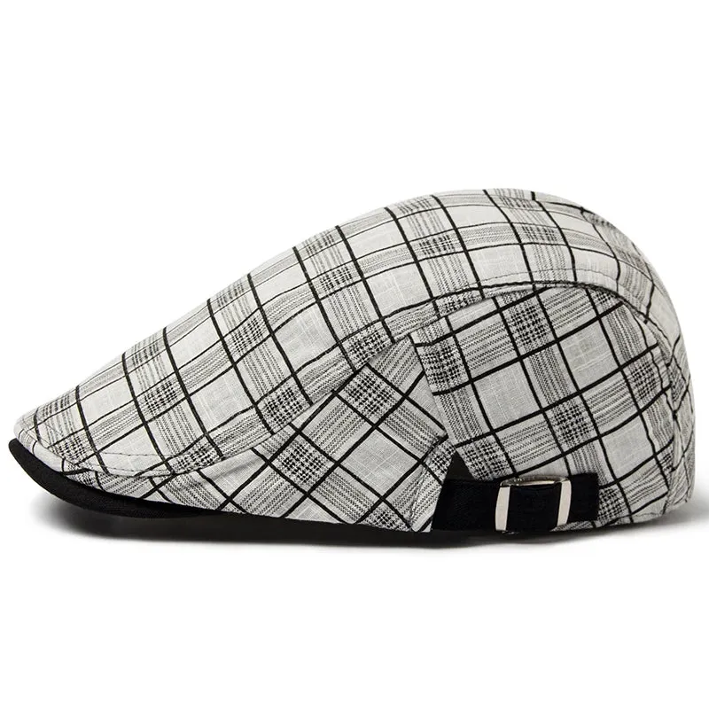 Summer Thin Vintage Plaid Cotton Linen Visor Flat Cap