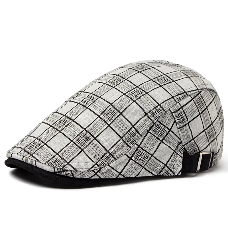 Summer Thin Vintage Plaid Cotton Linen Visor Flat Cap