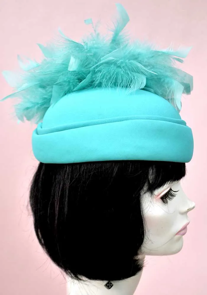 Vintage 80s Turquoise Felt Coque Feather Hat