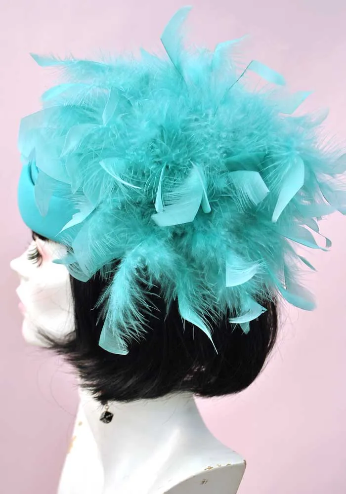 Vintage 80s Turquoise Felt Coque Feather Hat