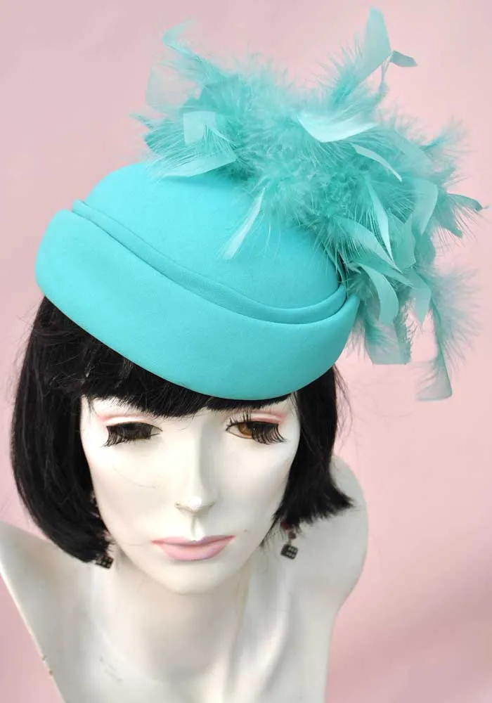 Vintage 80s Turquoise Felt Coque Feather Hat