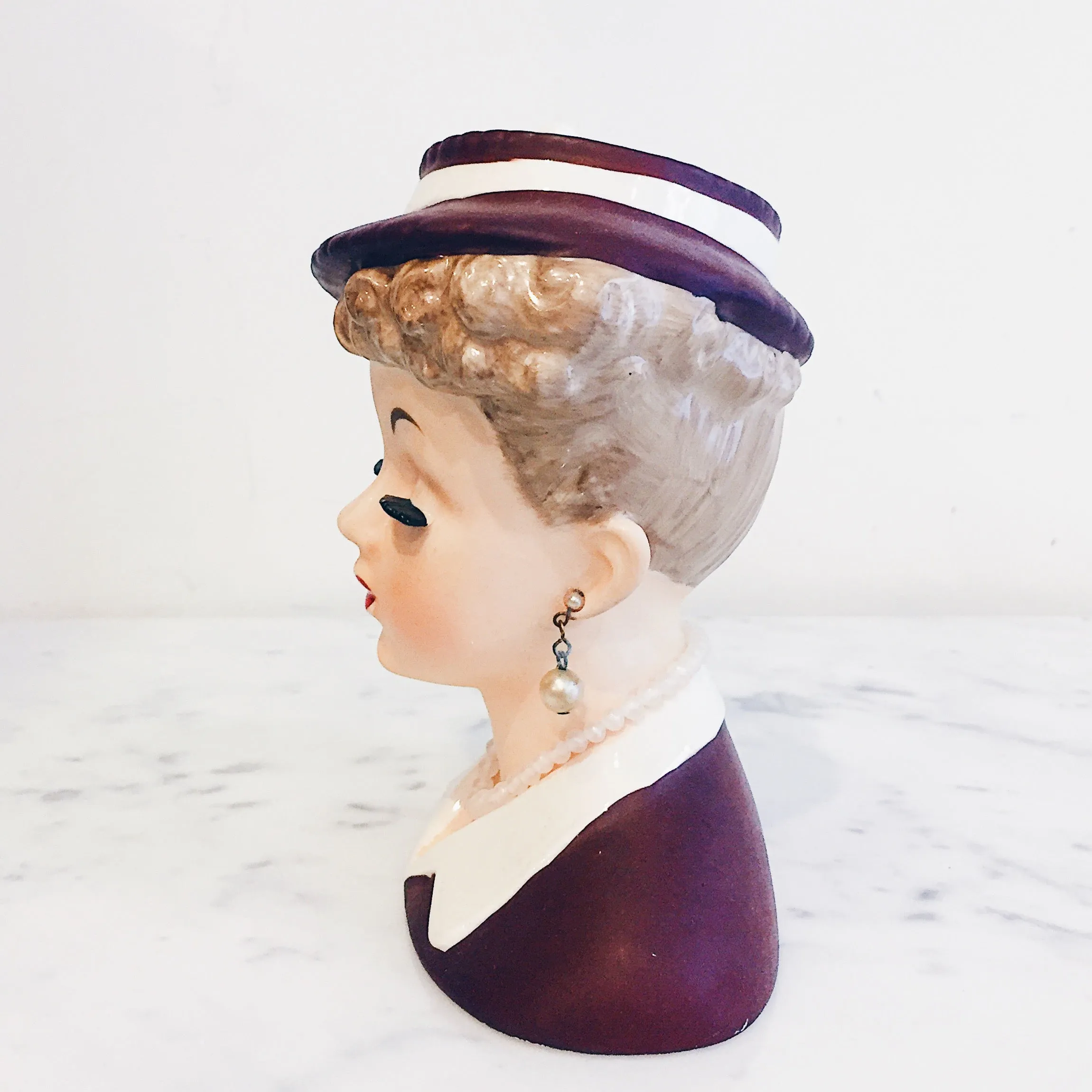 Vintage Brown Hat Lady Head Vase