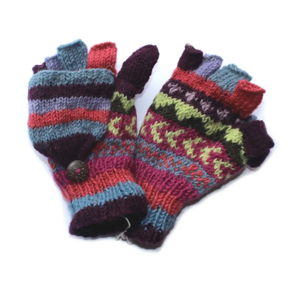 winter stripe fingerless gloves with mitten flap