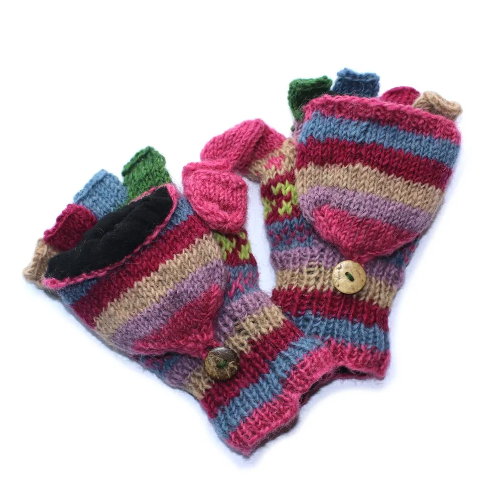 winter stripe fingerless gloves with mitten flap