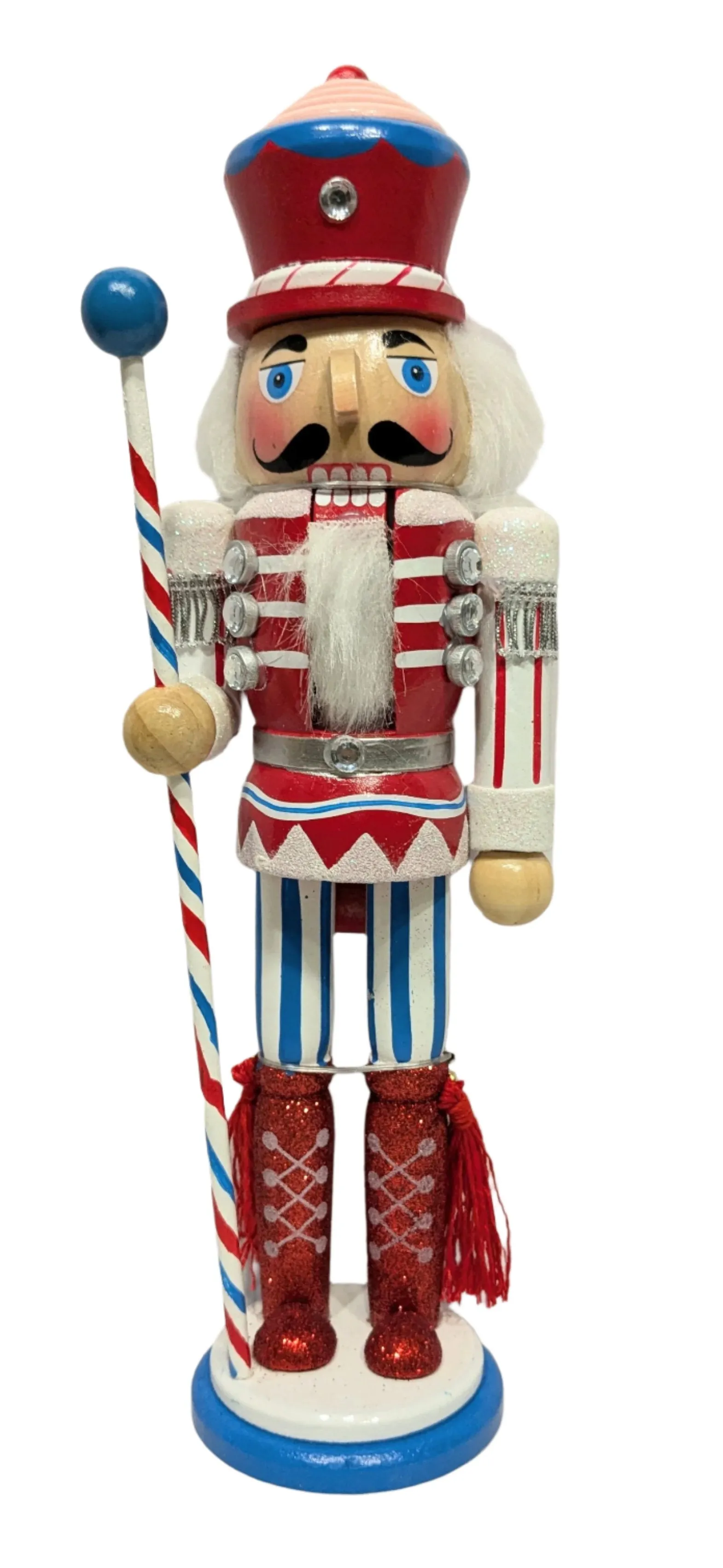 Wooden Red/White/Blue Candy Cane Nutcracker with Cupcake Hat